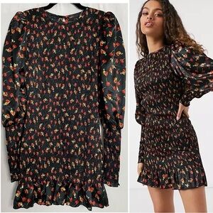 ASOS Design Puff Sleeve Shirred Cuff Rose Floral Print Shirred Mini Tea Dress